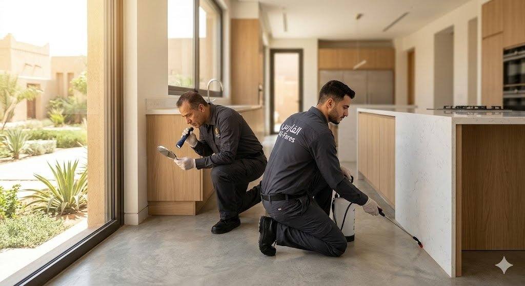 فني شركة الفارس يقوم بتوزيع جل مكافحة الصراصير في زوايا المطبخ