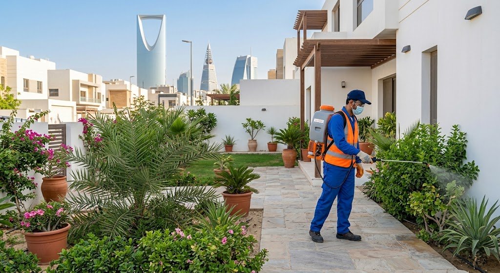 فني خبير يرتدي ملابس واقية ويقوم برش مبيدات فعالة لمكافحة الحشرات في أحد المنازل بحي منفوحة في الرياض.