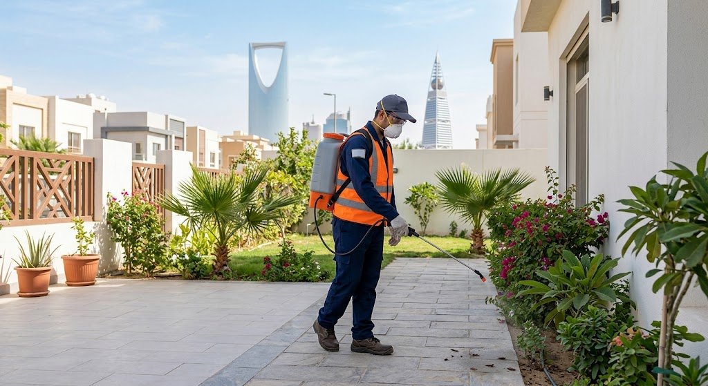 فني خبير من شركة مكافحة البق بالرياض يقوم برش وتطهير مراتب وأثاث غرفة نوم لضمان القضاء على بق الفراش.