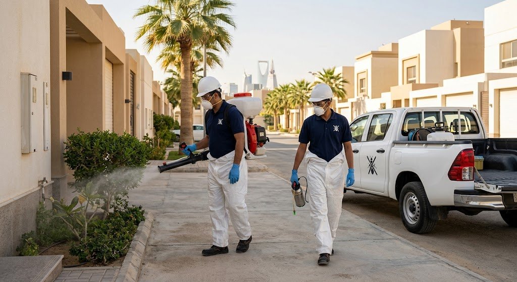 فني متخصص يرتدي معدات الوقاية الكاملة يقوم برش مبيدات حشرية آمنة حول محيط فيلا سكنية في حي الدريهمية بالرياض للقضاء على الآفات